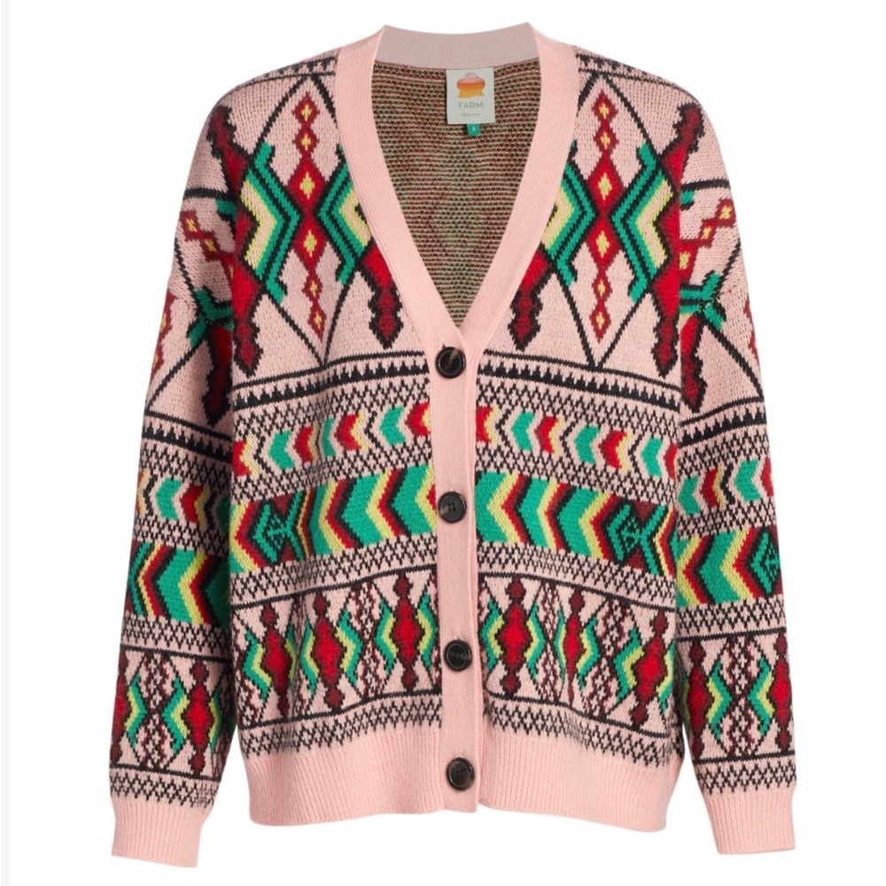 Farm Rio NWT Amulet Cardigan L Pink Multi Geometric Knit Boho Maximalist Folk